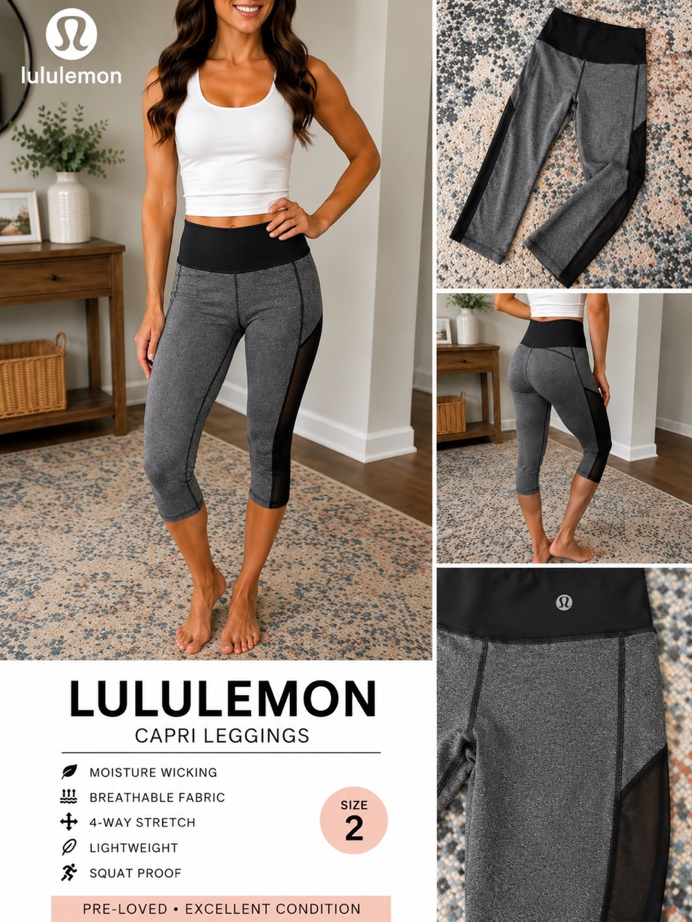 lululemon athletica Heather Gray Capri Leggings with Black Panels
